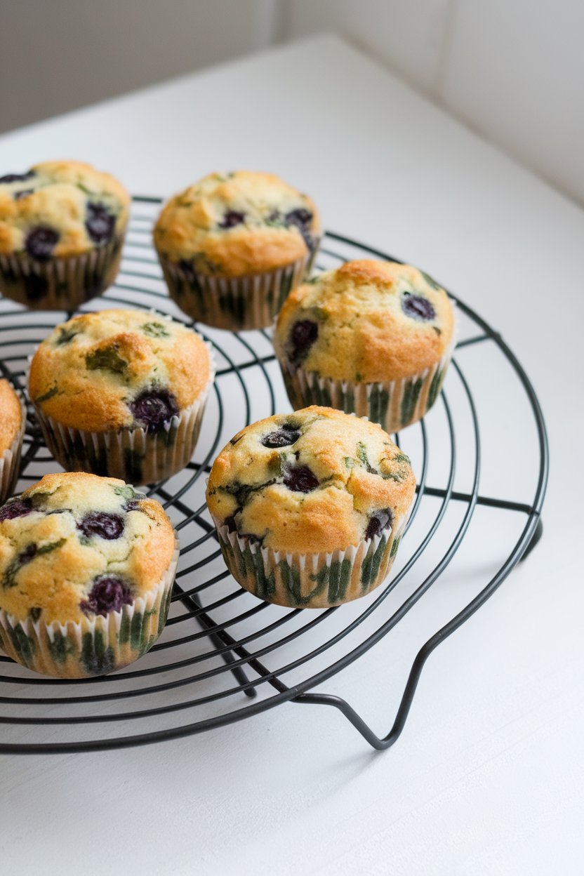 Photo of indoor cooling rack holding blueberry muffins with green flecks of spinach, golden-brown tops visible; no text or logos.