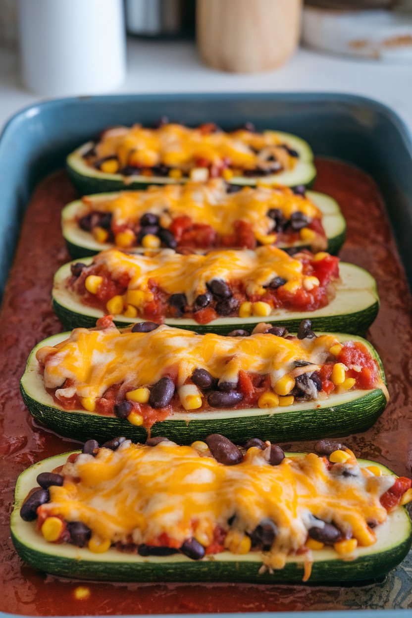 Photo of an indoor baking dish containing zucchini halves stuffed with black beans, corn, salsa, and melted cheddar; no text or logos