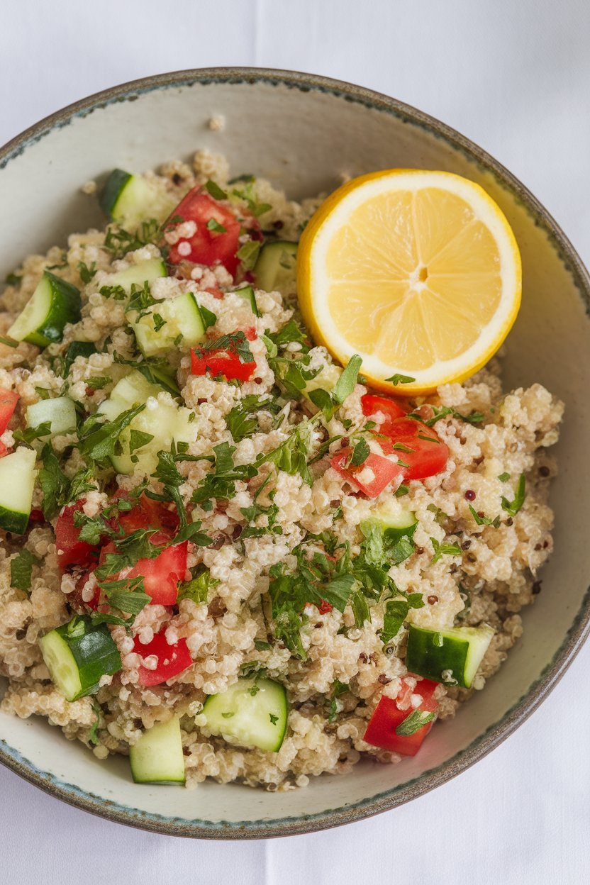 Indoor photo of a shallow salad bowl filled with fluffy quinoa speckled with chopped parsley, diced tomatoes, and cucumbers, lemon wedges on the side. No text or logos; photograph only.