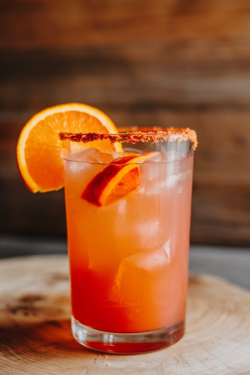 Photo indoors, highball of bright blood-orange margarita with cinnamon-sugar rim, thin orange wheel garnish; no text or logos.