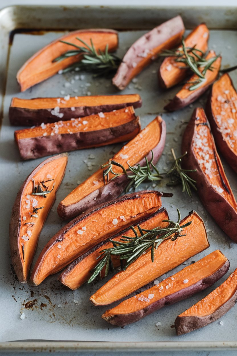 A baking sheet indoors with roasted sweet potato wedges, charred edges, sprinkled with sea salt and rosemary, no text or logos. Photo.