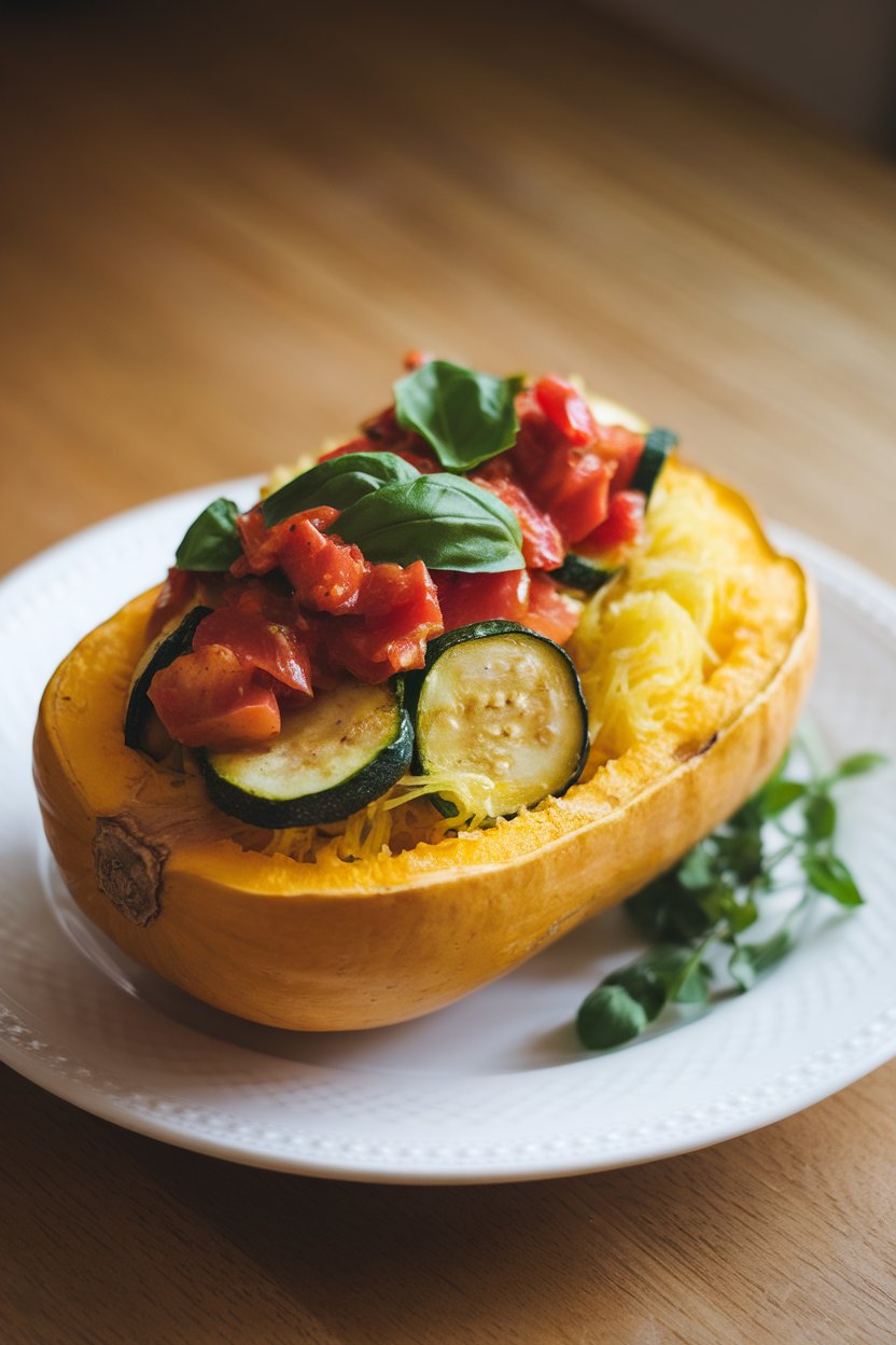 Photo of a spaghetti squash half loaded with sautéed zucchini, tomatoes, and basil on an indoor plate. No text or logos.
