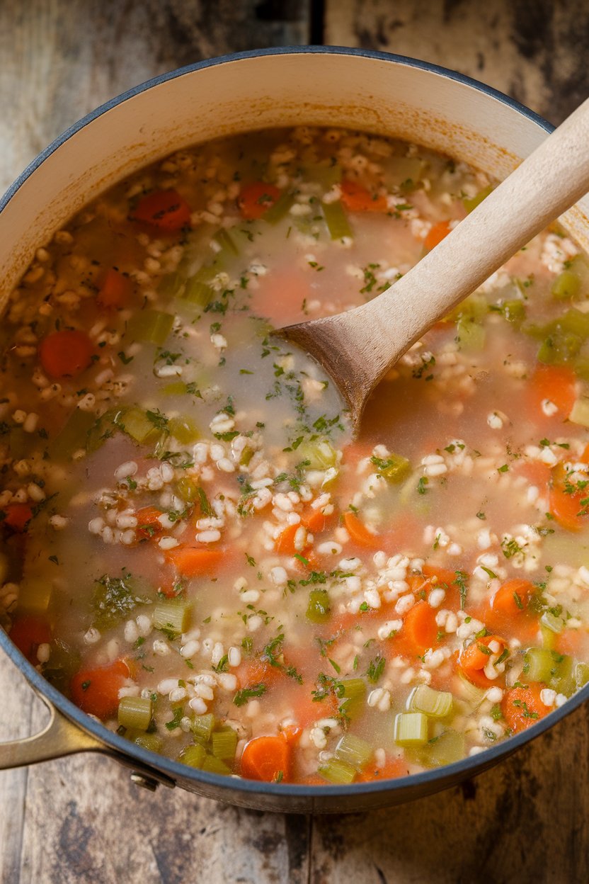 Photo, indoors, soup pot filled with vegetable barley soup, ladle resting on side, visible chunks of carrot and celery. No text or logos.