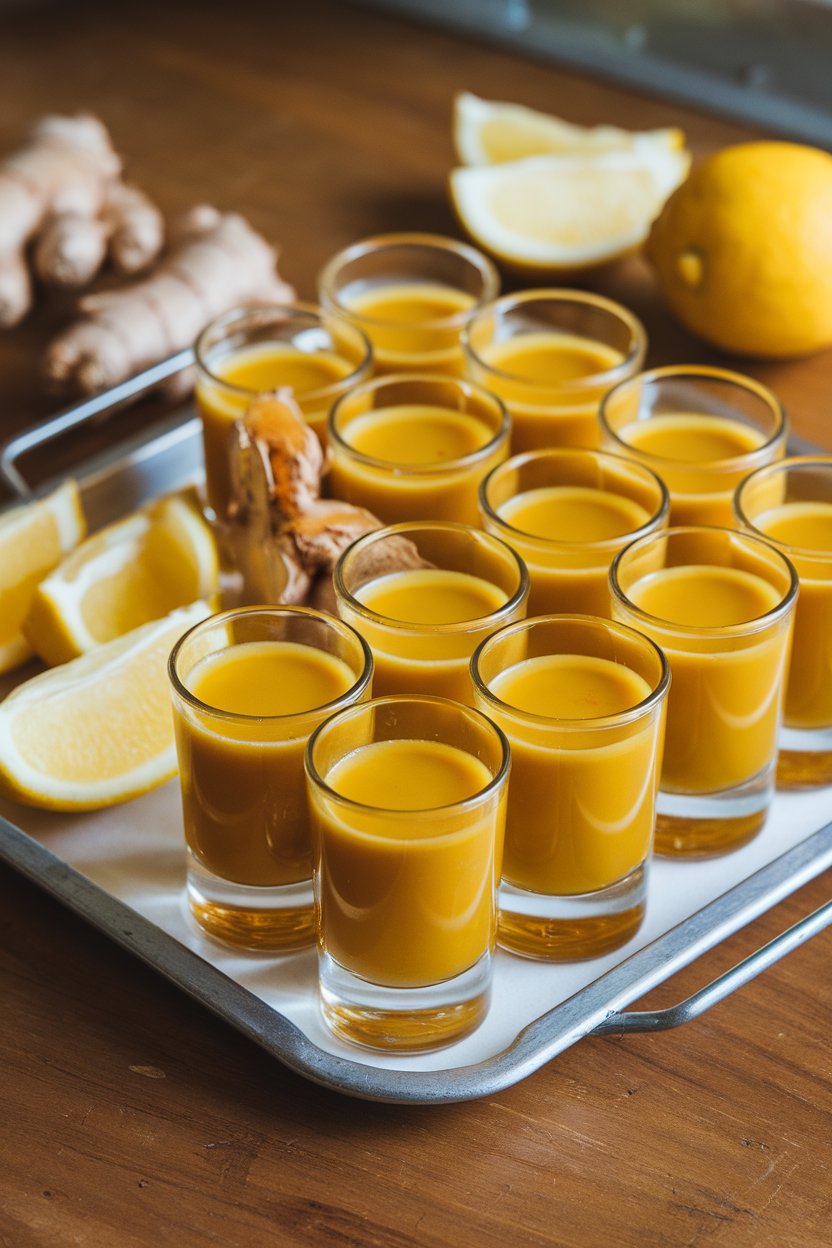 Photo of indoor shot glasses filled with vibrant yellow ginger-turmeric juice, lemon wedges nearby, no text or logos.