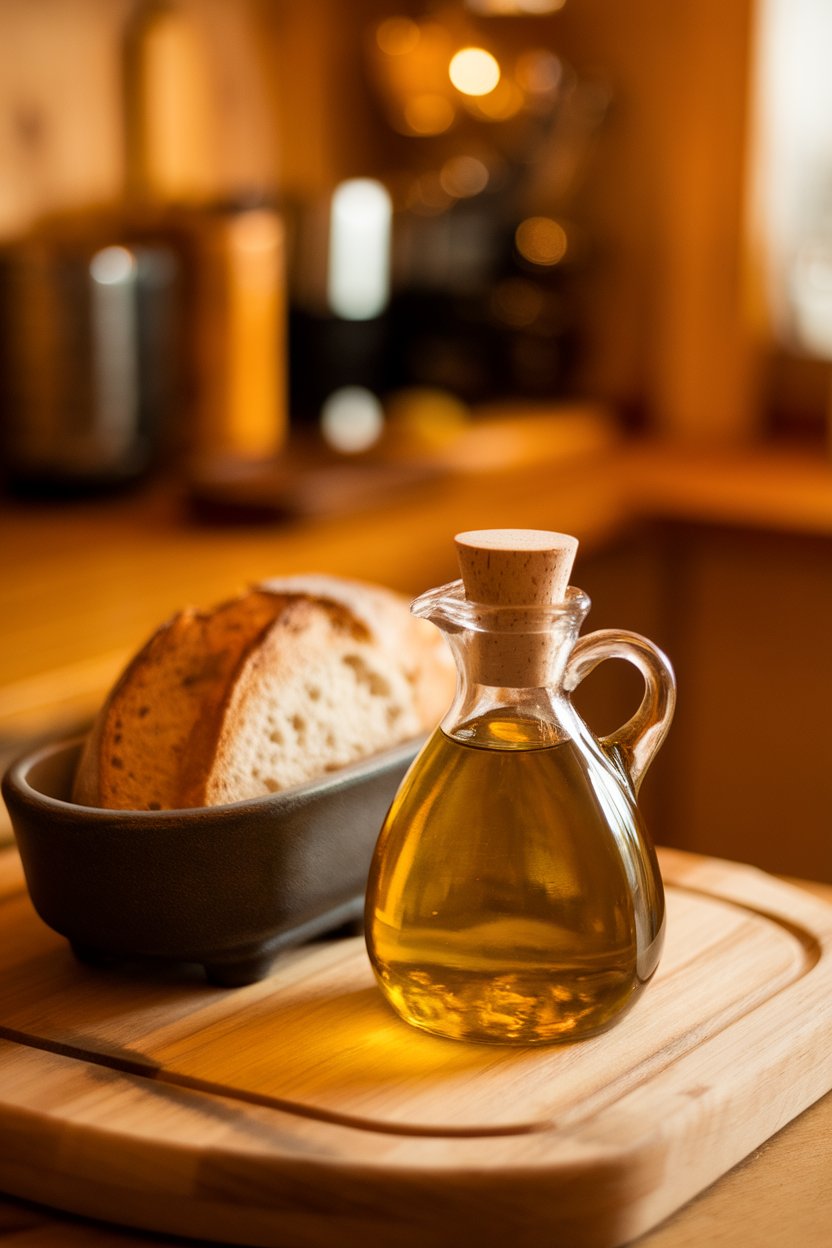 Photo of a small glass cruet of golden olive oil beside a dipping dish indoors, warm kitchen lighting, no text or logos