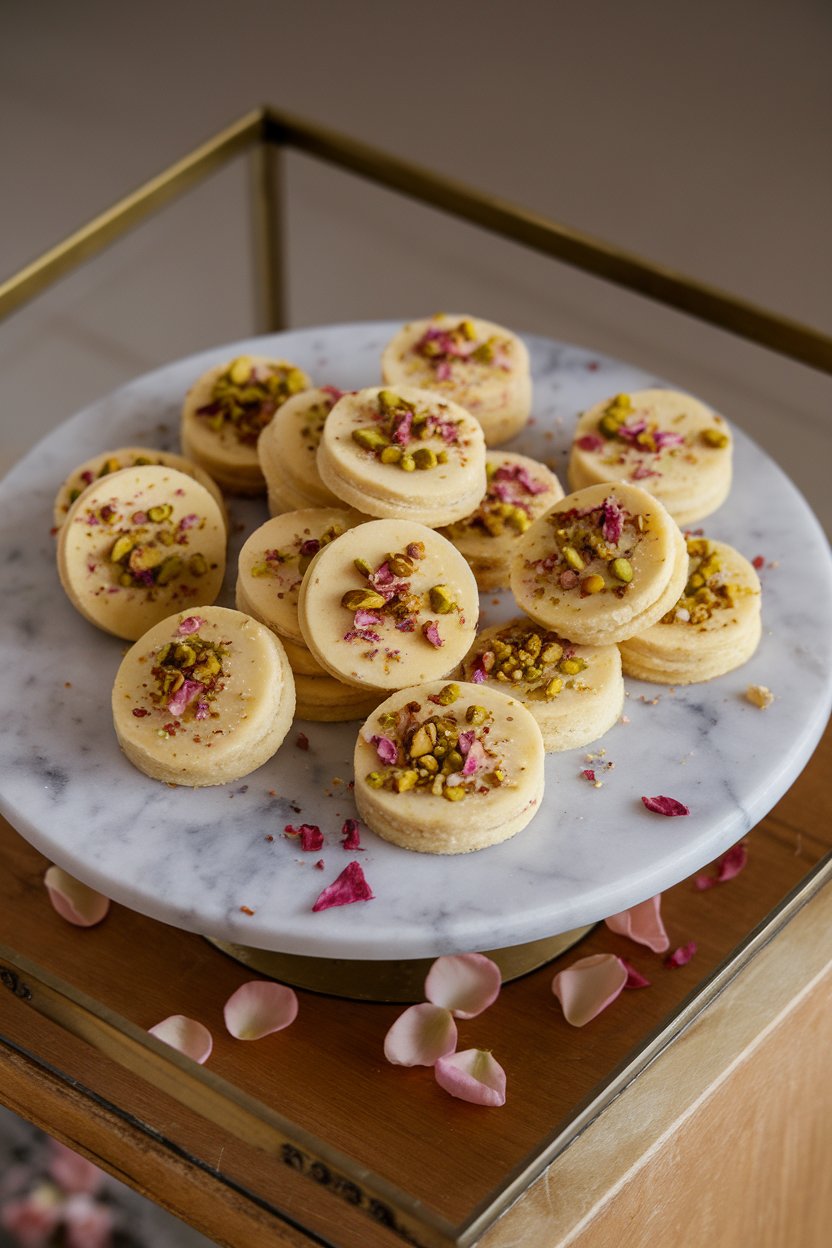 Shortbread coins flecked with green pistachios and rose petal crumbs, displayed indoors on a marble tray. No branding.