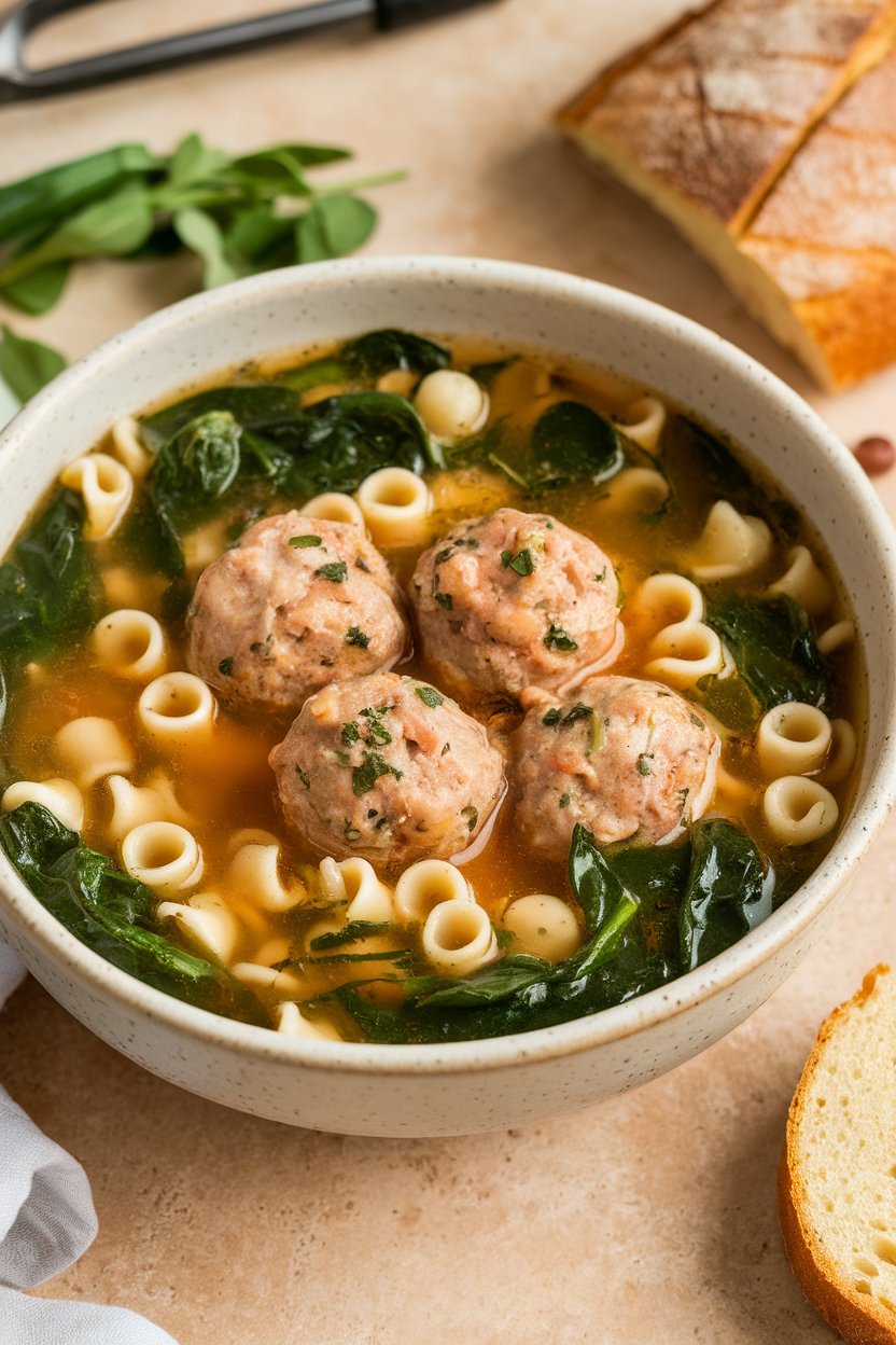 Indoor food photo of mini turkey meatball soup with spinach and tiny pasta in a deep bowl; no text or logos.