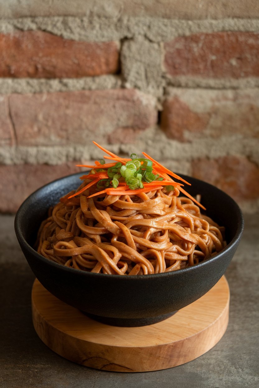 An indoor kitchen scene with a deep bowl of buckwheat soba noodles coated in peanut sauce, topped with shredded carrots and scallions; no text or logos.