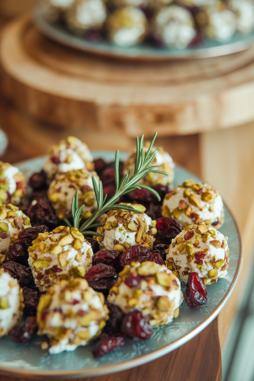 Photo of an indoor platter featuring small goat cheese balls rolled in chopped pistachios and dried cranberries, rosemary sprig garnish, no text or logos.