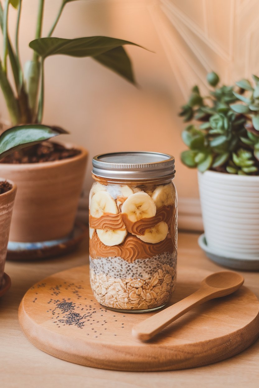 Indoor breakfast nook with a mason jar layered with oats, almond butter swirls, banana coins, and chia seeds. No text or logos in view.