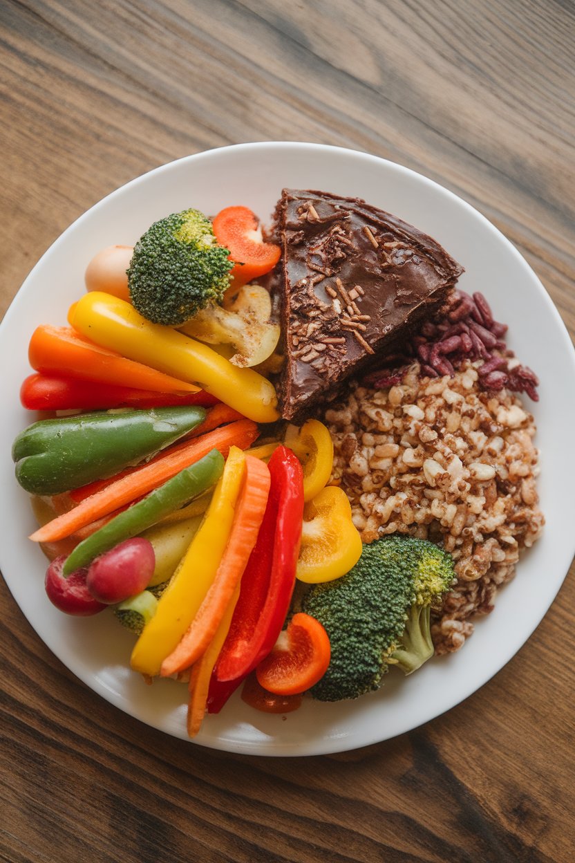 Indoor photo of a dinner plate visually divided: 80 percent colorful vegetables and grains, 20 percent small dessert slice, no logos.
