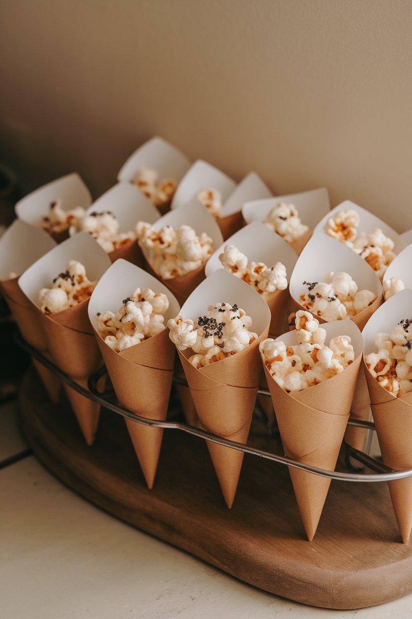 Paper cones filled with popcorn seasoned with black truffle salt, arranged upright indoors. No text or logos. Photo.