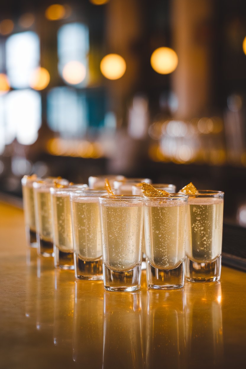 Photo of an indoor bar counter with several clear shot glasses filled with pale-gold Champagne gelatin cubes, tiny bubbles visible, each topped with a minuscule edible gold flake; warm ambient lighting; no text or logos.
