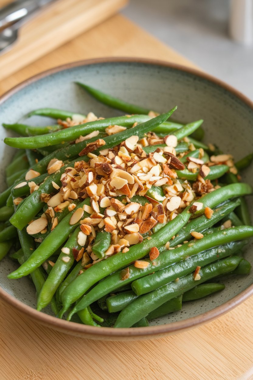 Photo of blanched green beans tossed with slivered almonds and garlic vinaigrette in an indoor bowl, no text or logos.
