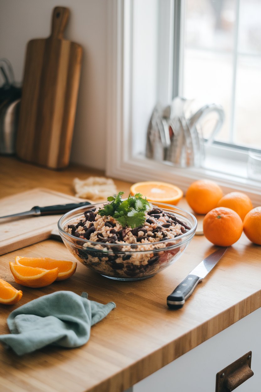 An indoor kitchen island with a bowl of black bean and brown rice salad, garnished with cilantro; no text or logos. Photo.