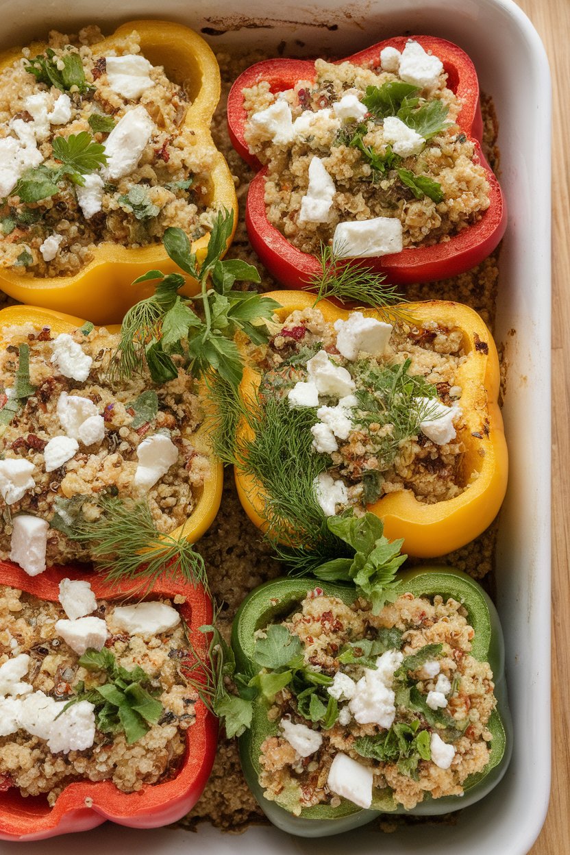 Indoor baking dish of colorful bell peppers filled with quinoa, herbs, and feta crumbles. No text or logos. Photo only.