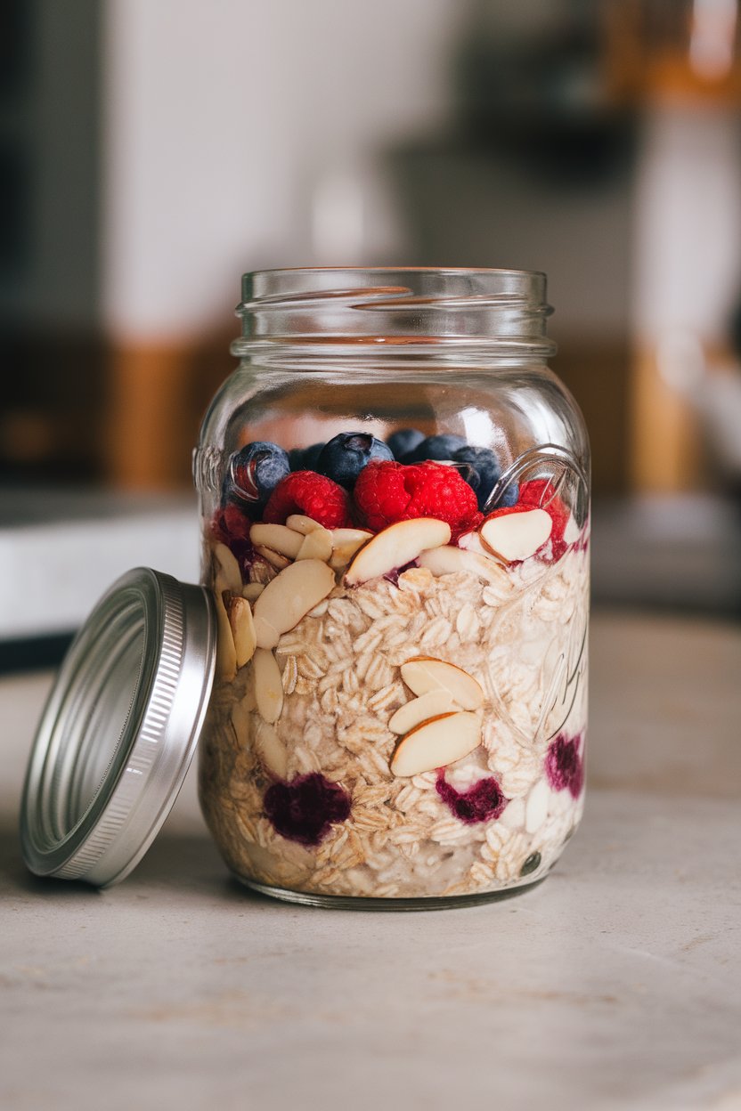A glass jar on an indoor countertop showing layers of soaked oats, almond slices, and berries, lid off. No logos or text.