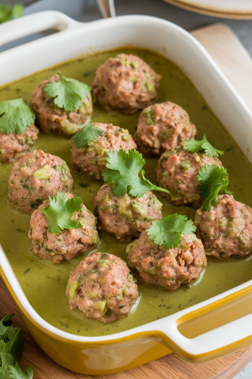 Indoor food photo of turkey meatballs in mild green chile sauce inside a casserole dish; cilantro garnish, no text or logos.