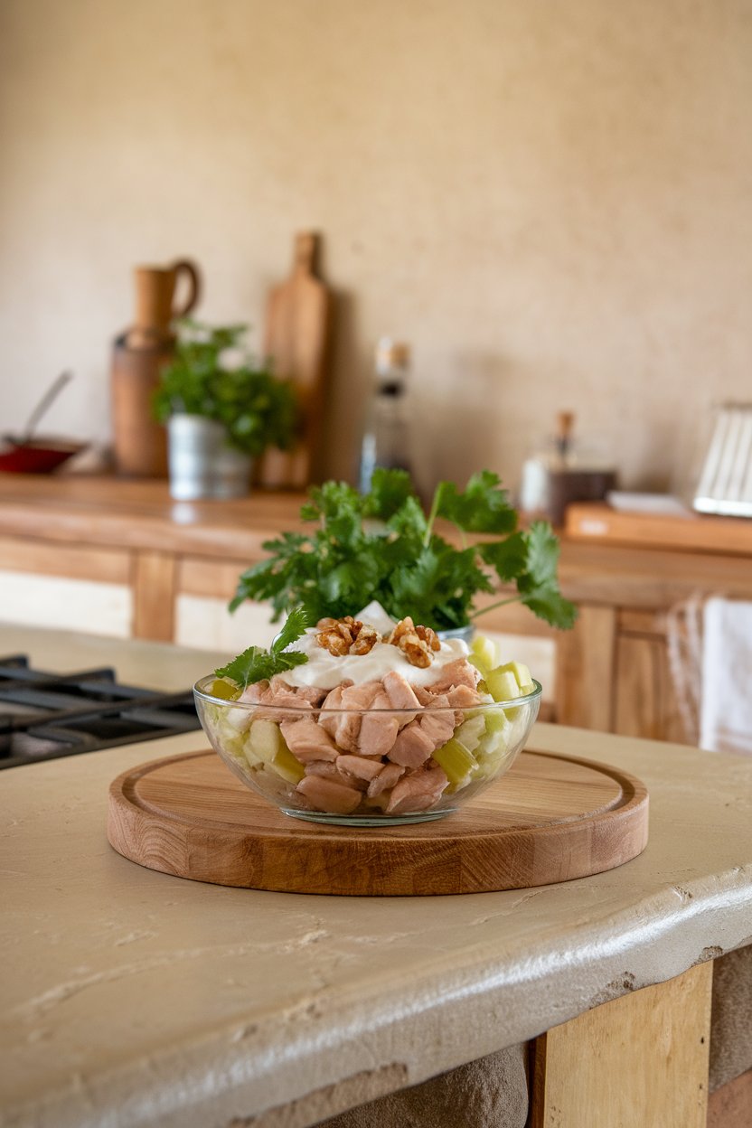 Indoor kitchen island with a small bowl of chopped chicken breast, diced apple, celery, and walnut pieces bound lightly with Greek yogurt. No text or logos.