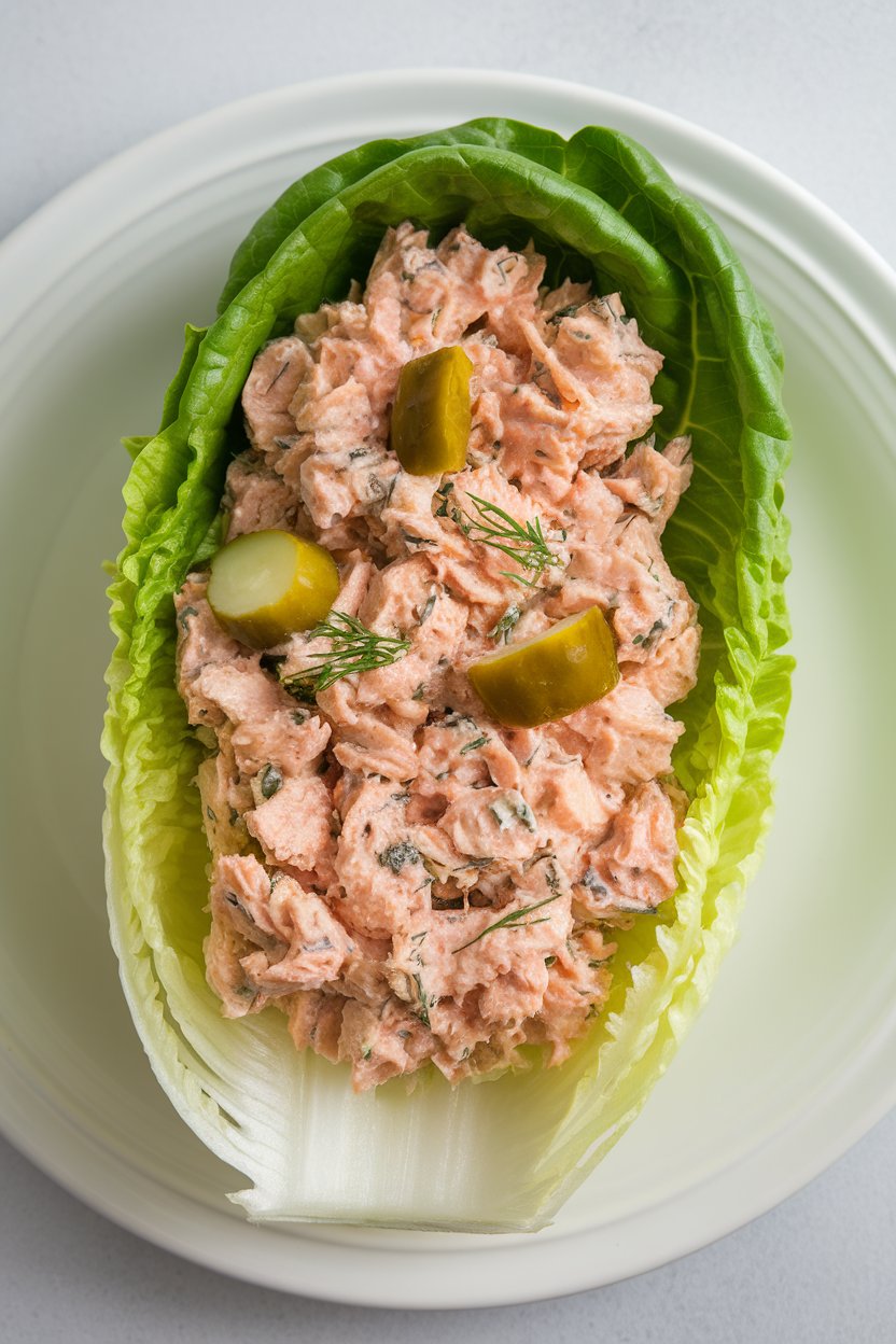 Romaine sub-style leaves filled with tuna salad dotted with dill pickle pieces; indoor, no logos.