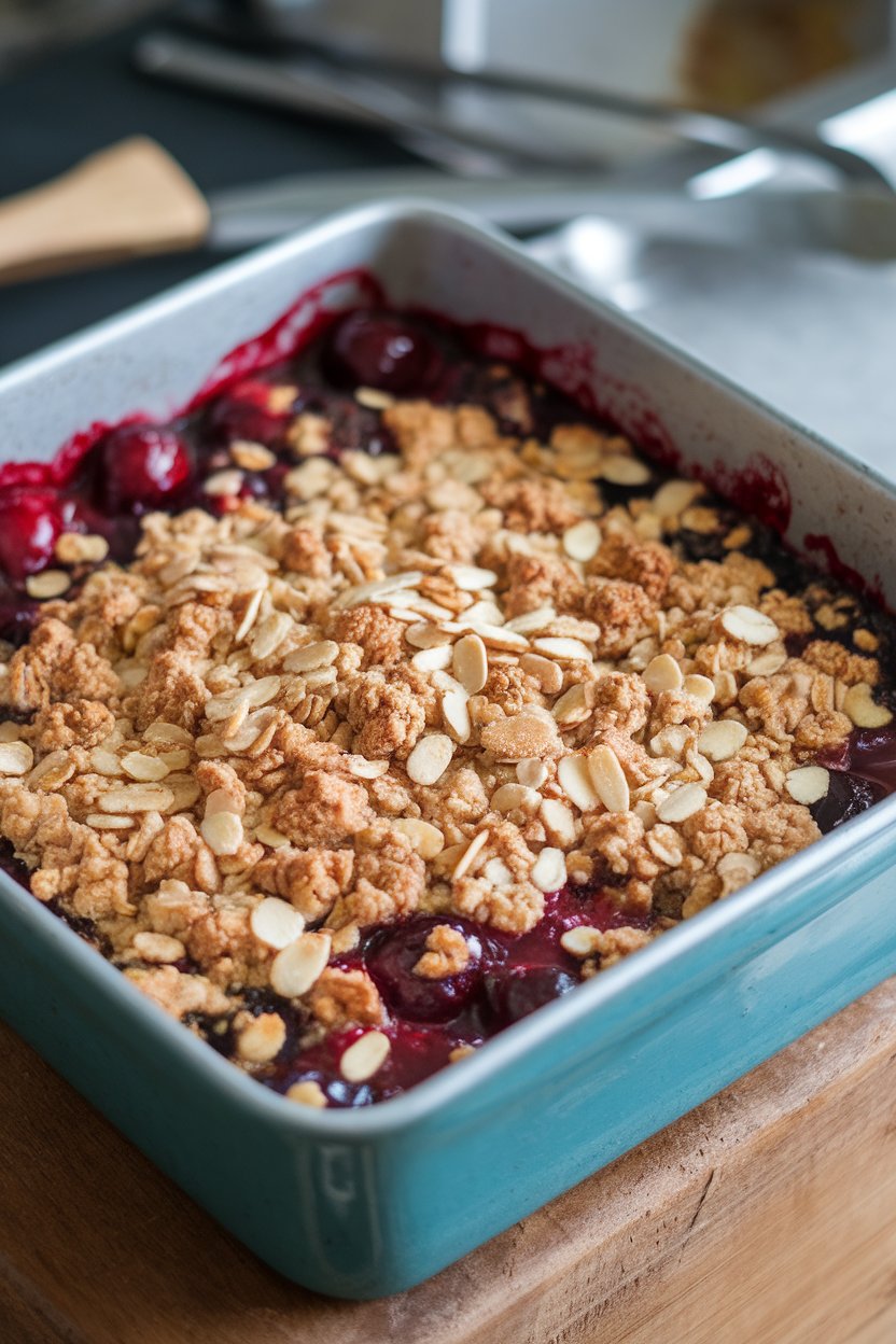 An indoor baking dish of bubbling cherry crisp topped with oat almond crumble, photo only, no text or logos.
