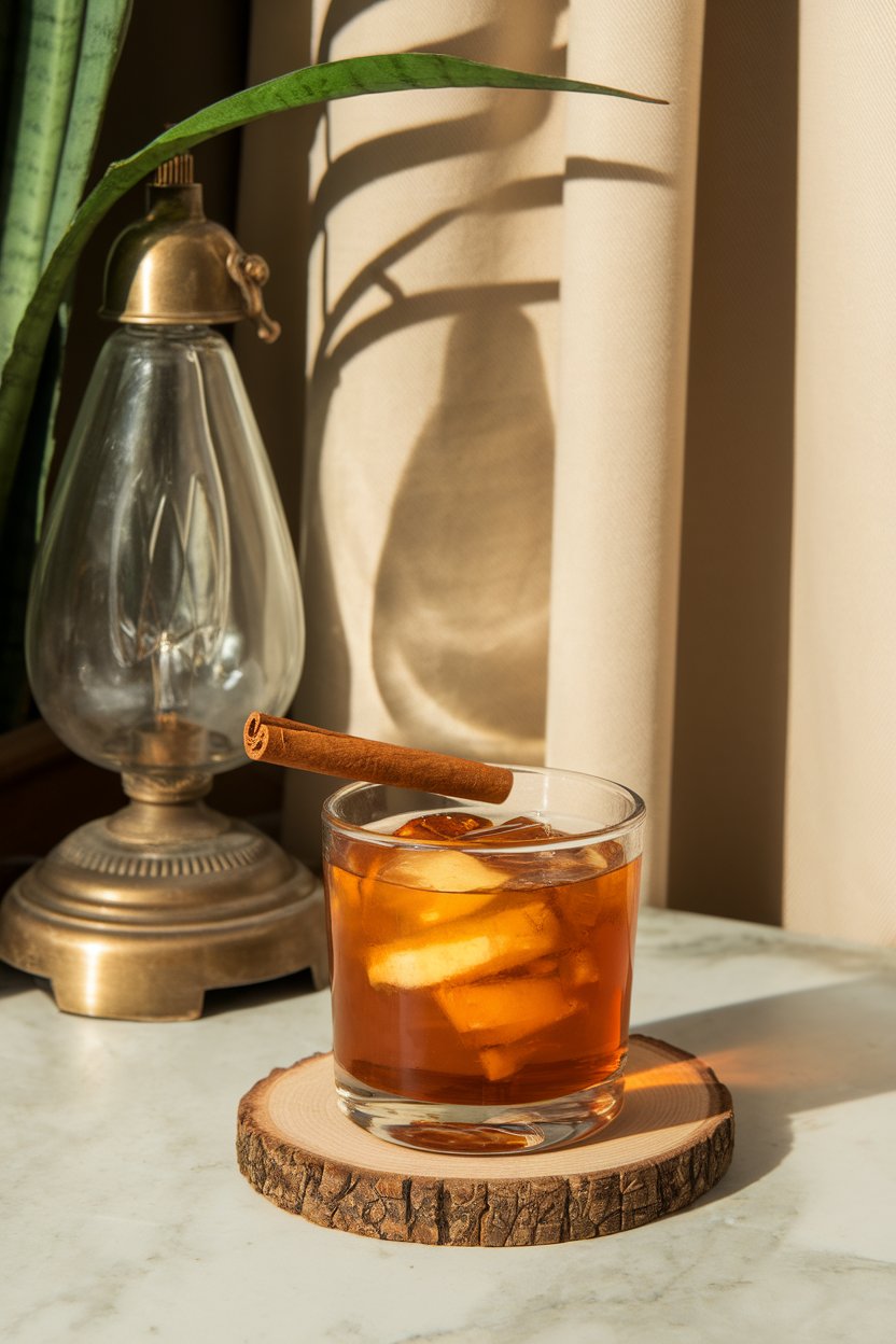 An indoor fireplace setting with a rocks glass of amber bourbon-apple drink garnished with a cinnamon stick. No text or logos.