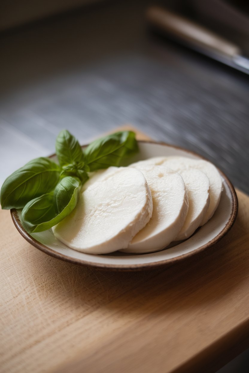 Indoor photo of a small plate with thin slices of part-skim mozzarella, fresh basil leaves alongside, soft kitchen lighting, no text or logos