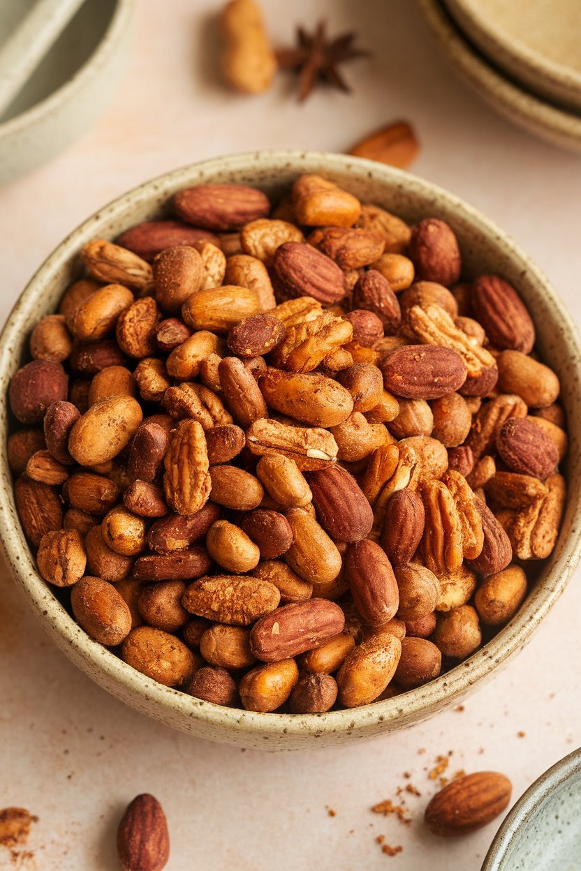 Mixed nuts coated in warm spices piled in an indoor ceramic bowl. No text or logos. Photo.