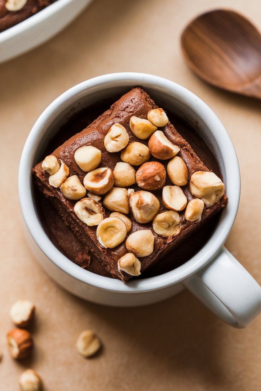 Indoor mug holding a single-serve brownie topped with chopped hazelnuts. No text or logos.