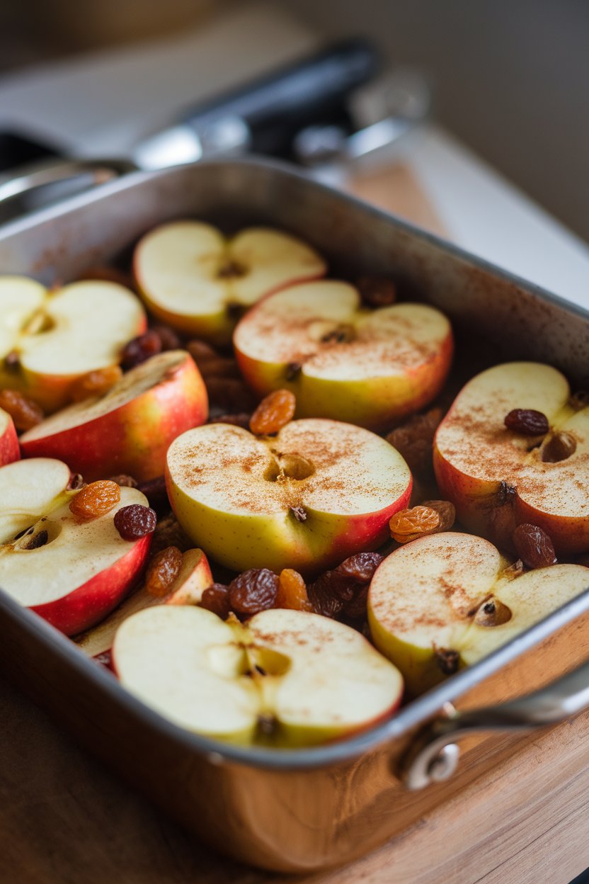 An indoor baking dish with halved apples roasted and sprinkled with cinnamon, raisins dotted; no text or logos, photo only