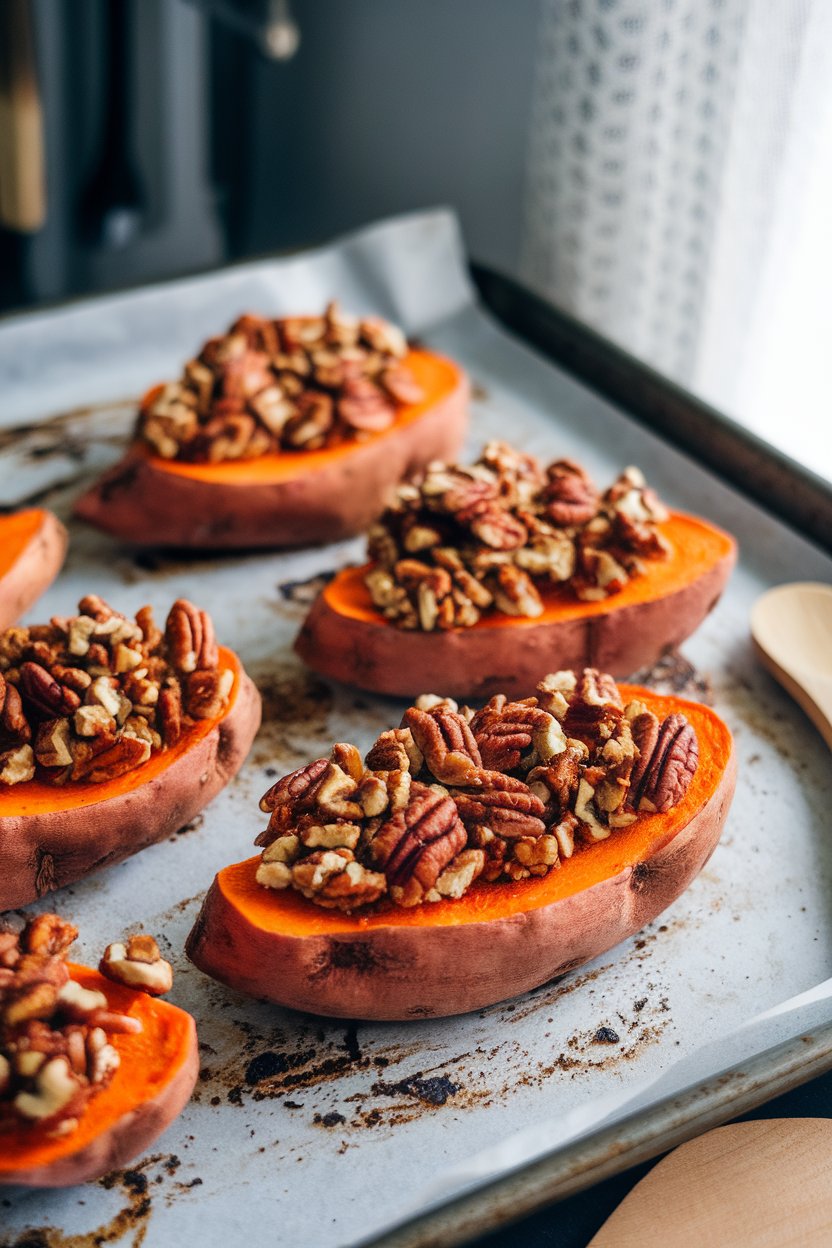 Roasted sweet potato slices topped with buttery pecan crumble on an indoor baking sheet. No text or logos. Photo.