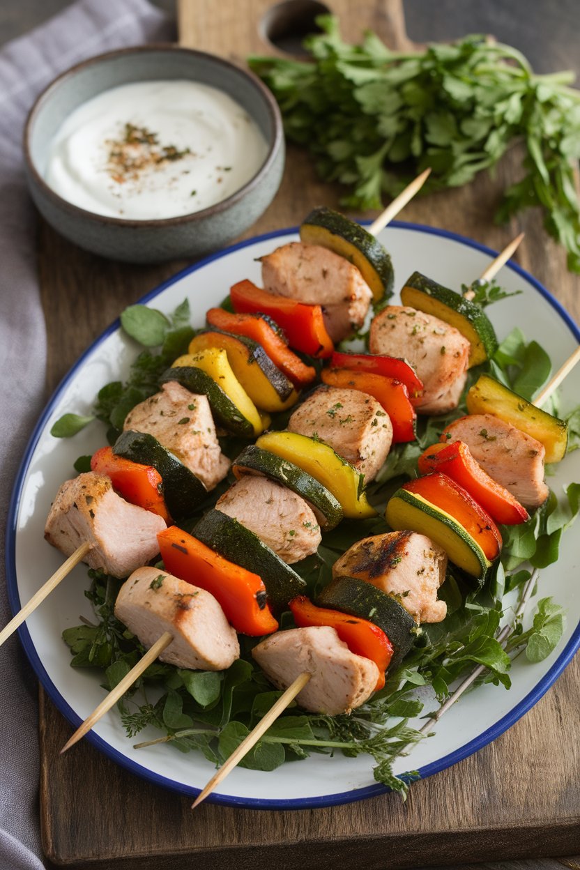 Indoor photo of colorful kebabs with chicken, zucchini, and peppers placed on a platter with yogurt dipping sauce, no text or logos.