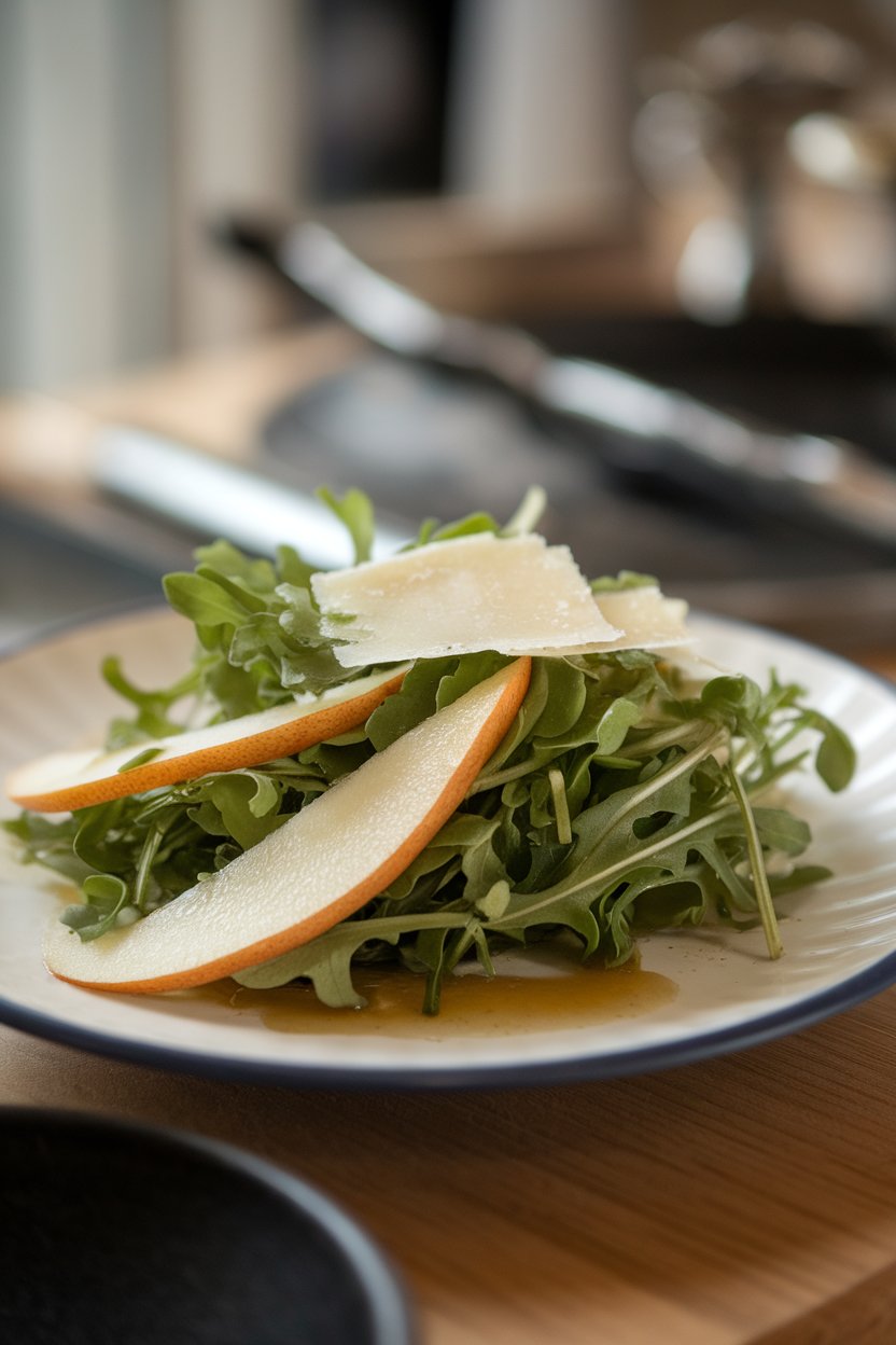 Plate indoors with baby arugula leaves, thin pear slices, and shaved Parmesan, light vinaigrette glistening. No text or logos.