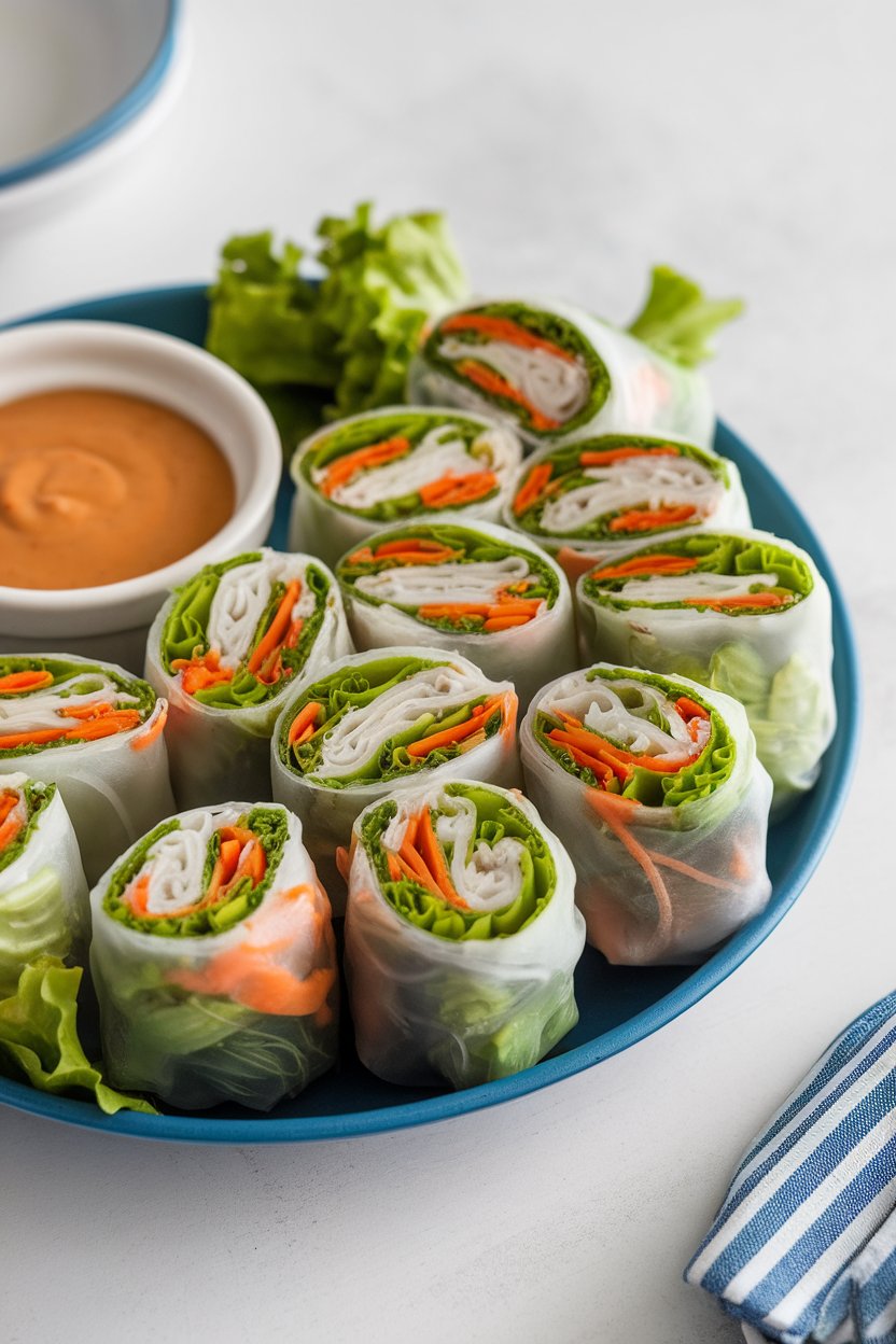 Photo of an indoor platter showing sliced fresh spring rolls stuffed with lettuce, carrot, and rice noodles, small bowl of peanut sauce beside, no text or logos