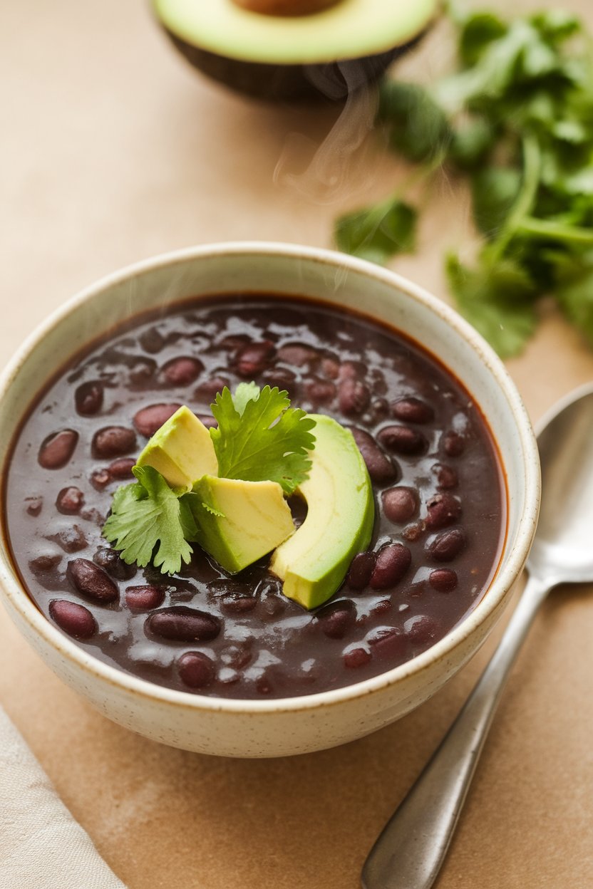 An indoor soup bowl of dark black bean soup garnished with diced avocado and cilantro, steam rising slightly. No logos or text. Photo.