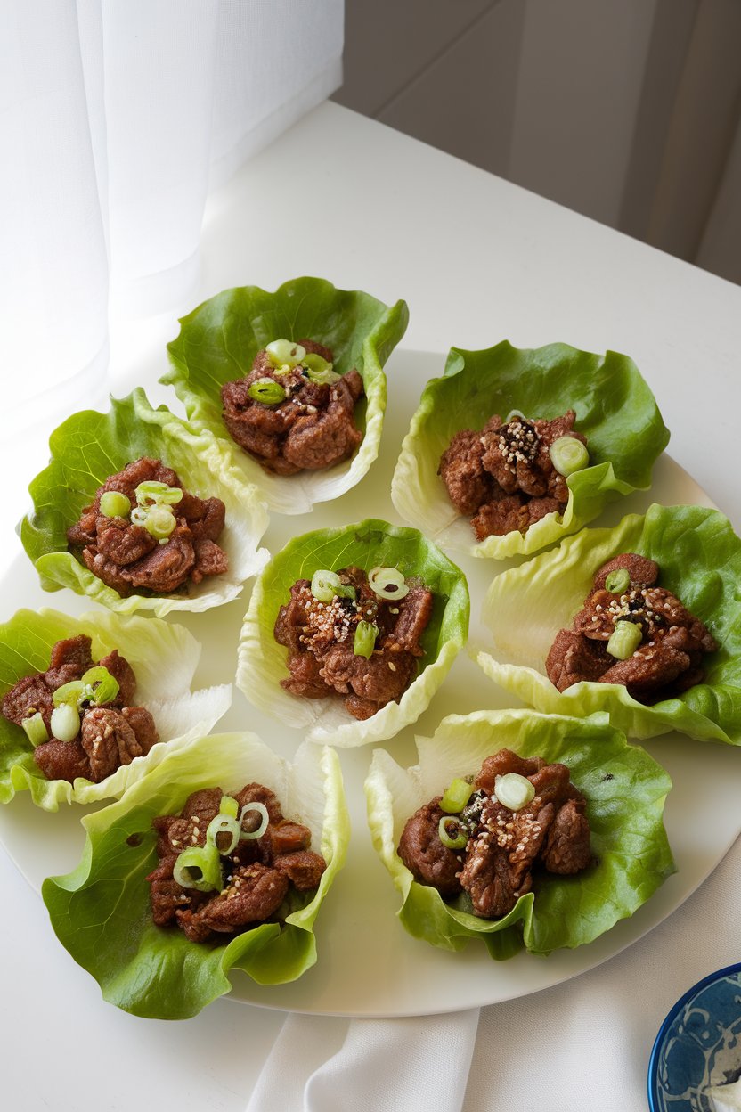 Photo of indoor tabletop with butter lettuce cups filled with bulgogi-style lean beef, scallions, and sesame sprinkle. No logos or text.
