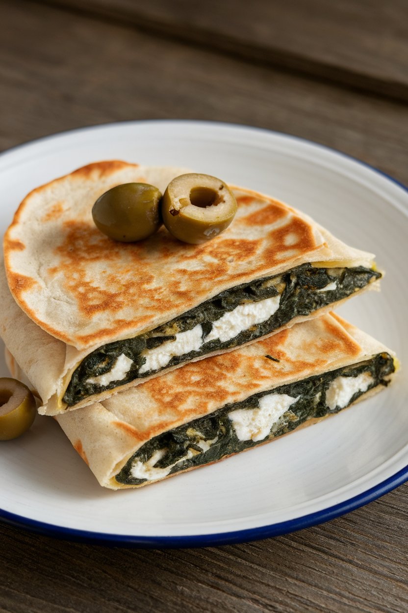 Indoor light plate, spinach feta quesadilla with olives sprinkled on top, photo, no text or logos.