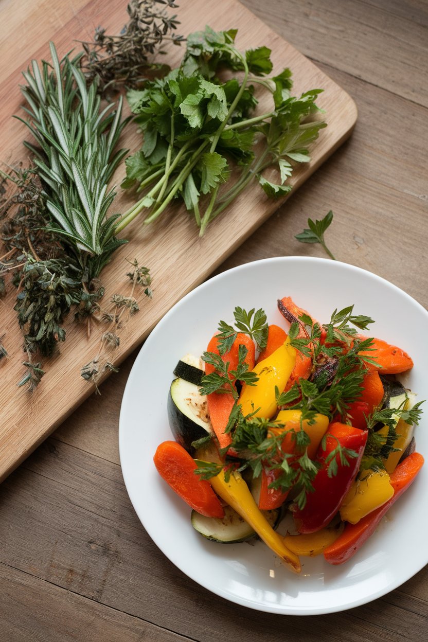 An indoor cutting board displaying fresh herbs next to a plated herb-roasted vegetable medley; no logos. Photo.