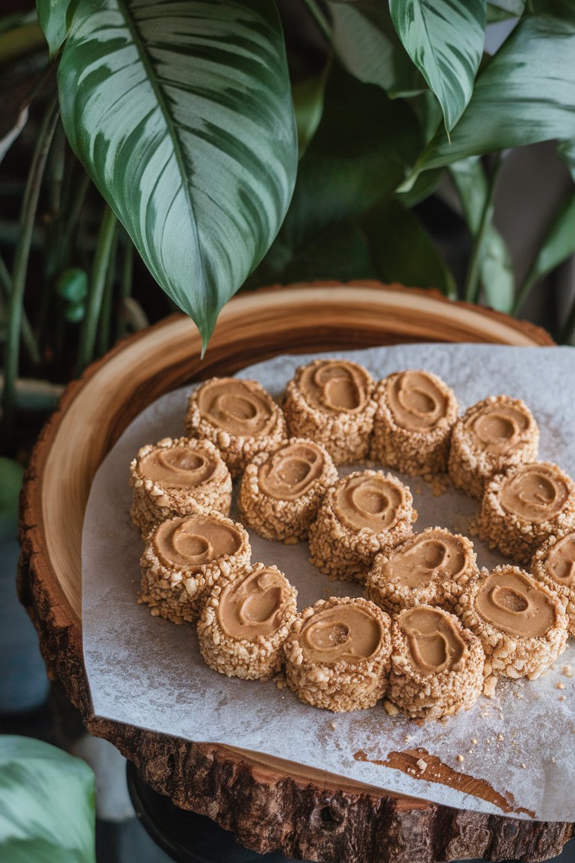 Indoor photo of banana rounds spread with almond butter and rolled in crushed nuts, arranged like sushi. No text or logos.