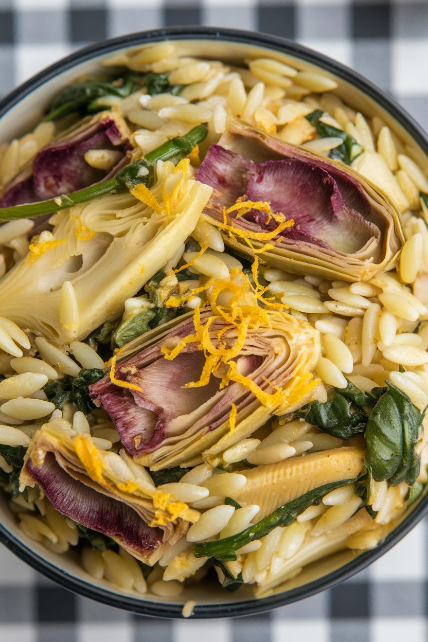 Indoor photo of a shallow bowl of orzo pasta mixed with artichoke hearts, spinach, and lemon zest, no text or logos