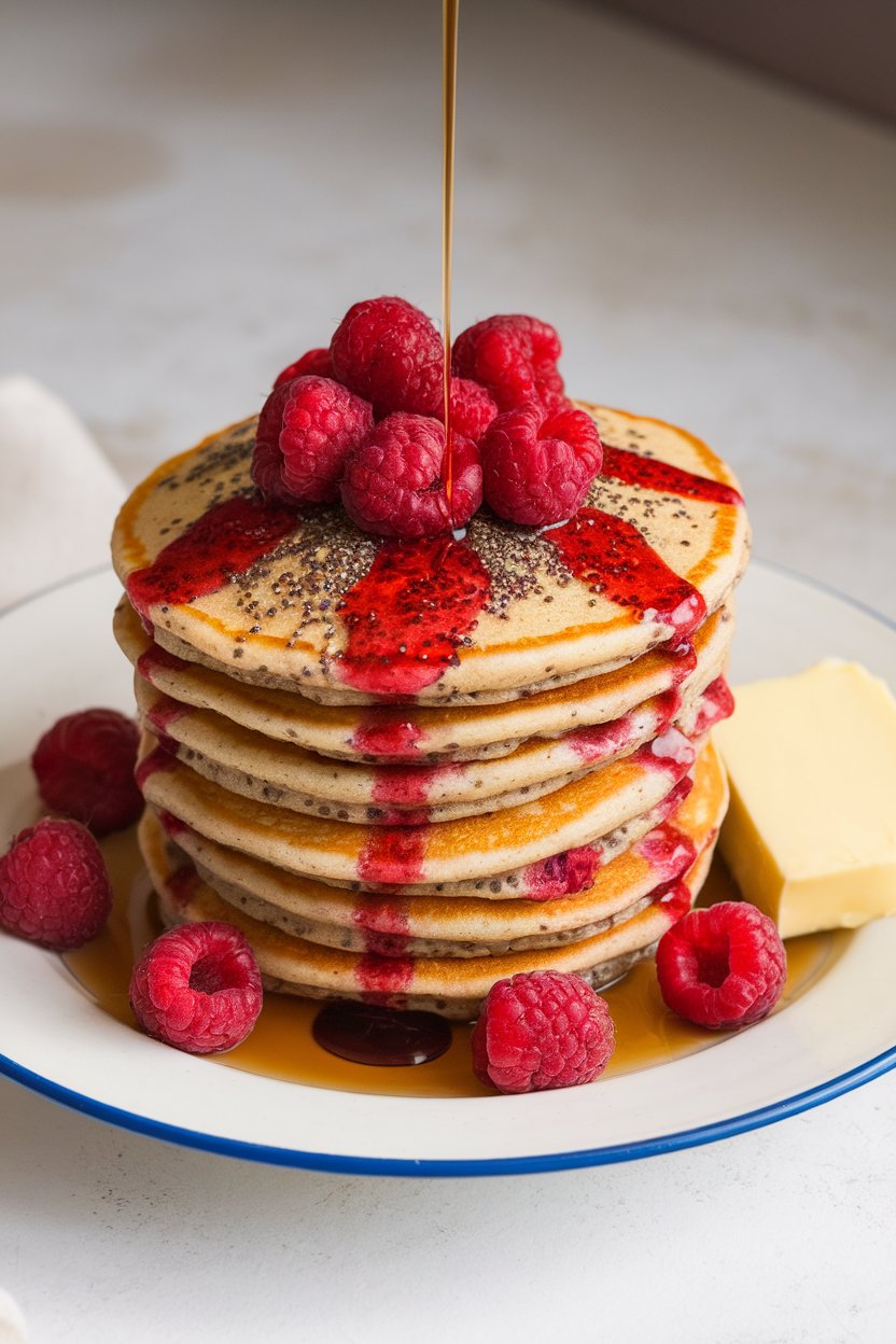 Indoor tabletop shot of raspberry-studded pancakes, chia seeds sprinkled on top, light drizzle of warmed raspberries; photo only.