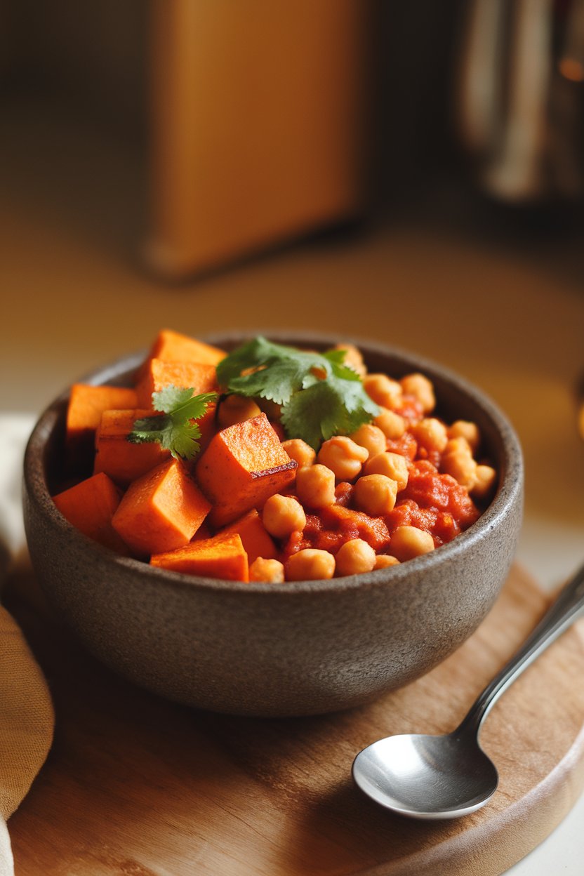 Warmly lit indoor shot of a stoneware bowl filled with spiced roasted sweet potato cubes, stewed chickpeas in tomato sauce, and a sprinkle of cilantro. No text or logos.