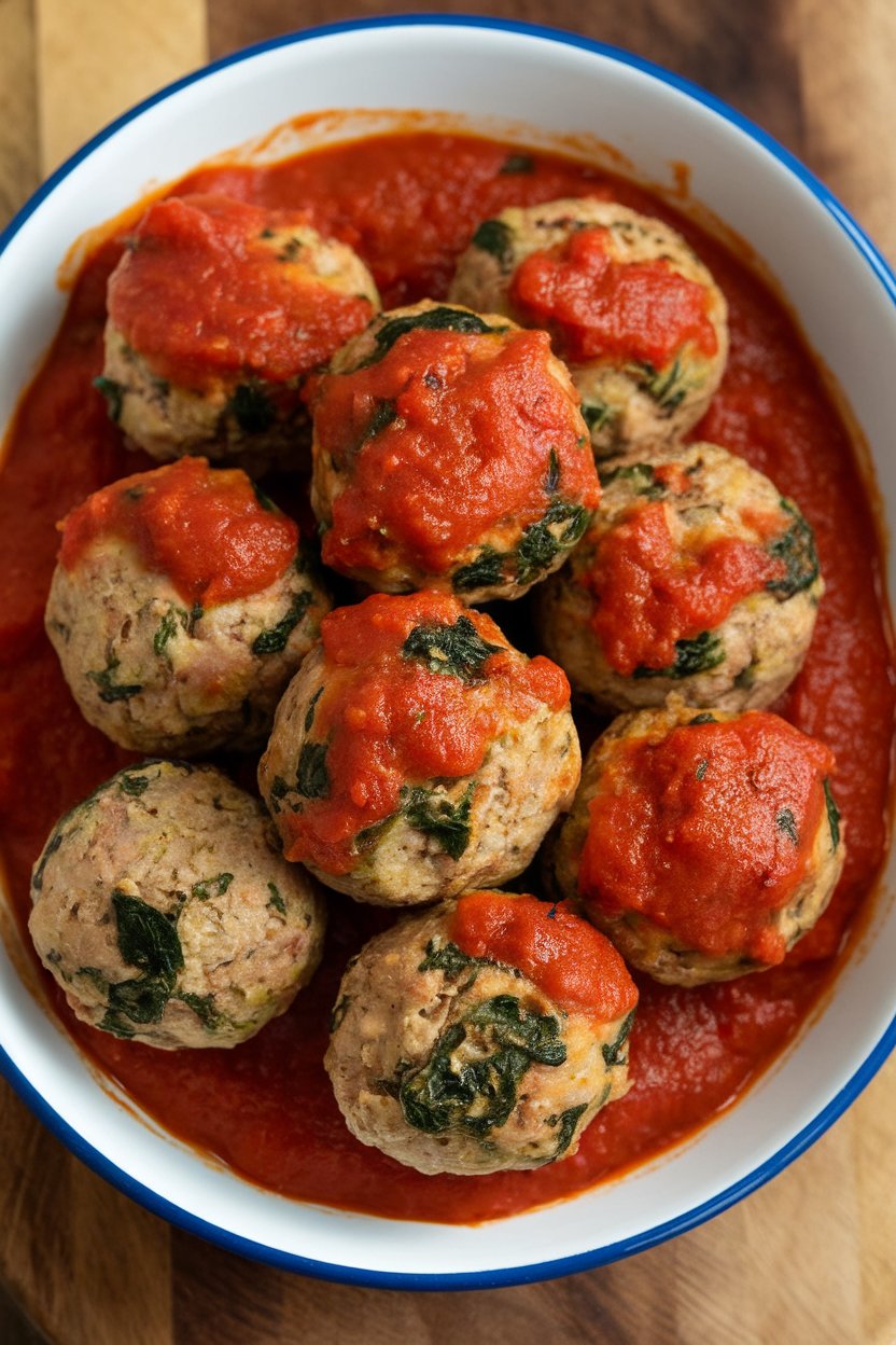 Indoor photo of a serving dish piled with turkey-spinach meatballs coated lightly in tomato sauce; no text or logos.