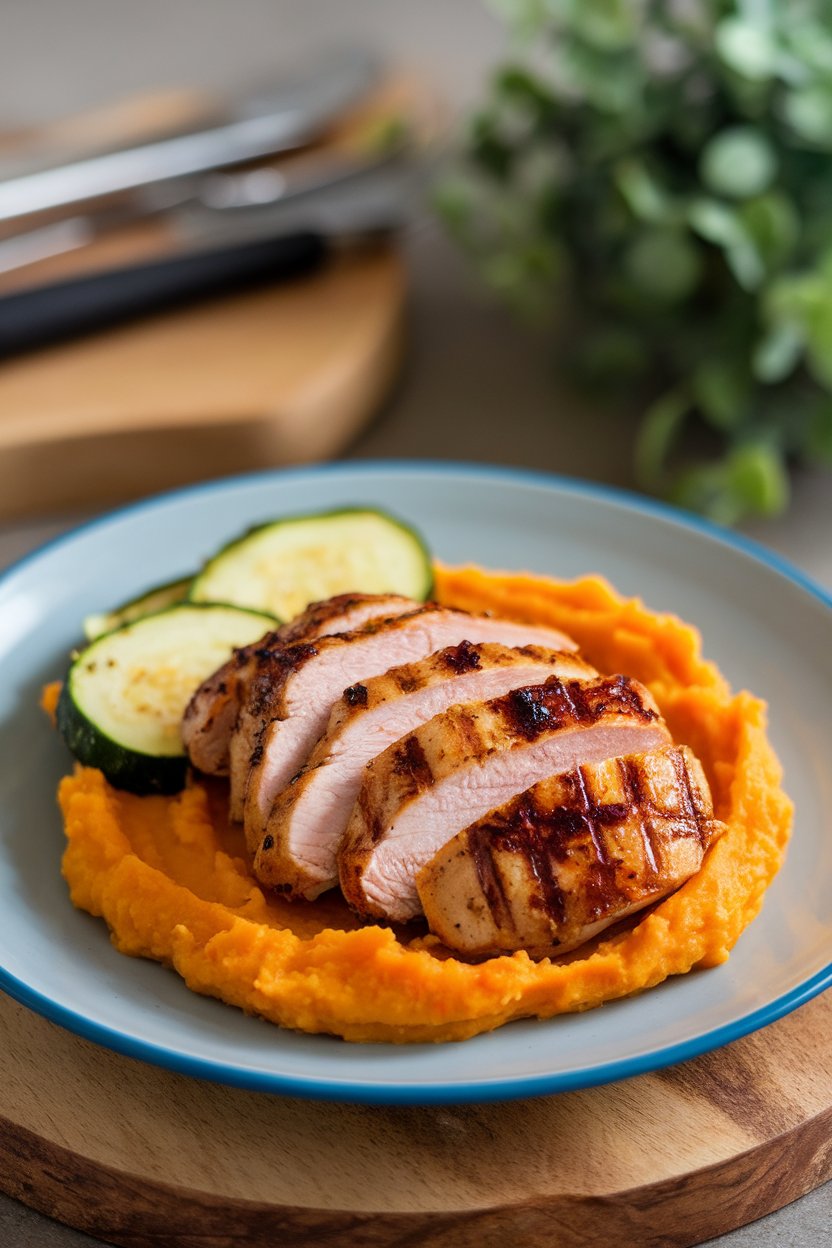 An indoor plate of grilled chicken breast with mashed sweet potatoes and steamed zucchini; no logos. Photo only.