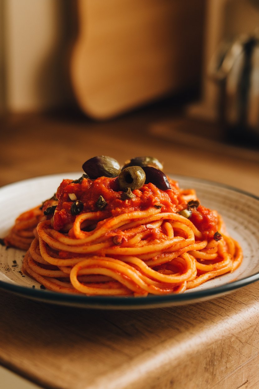 Indoor shot of garbanzo flour spaghetti dressed in tomato sauce with olives, capers, and chili flakes. No text or logos.