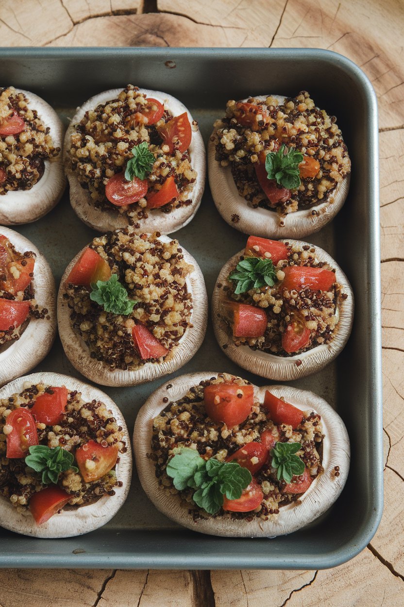 An indoor baking pan of mushroom caps overflowing with tomato, quinoa, and herb filling; photo only, no text or logos.