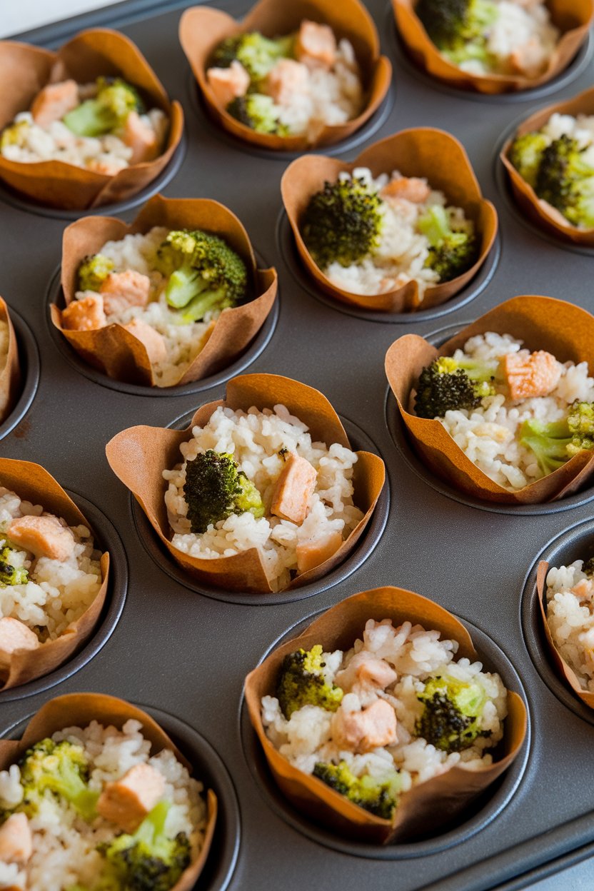 An indoor muffin tray holding baked rice cups studded with chicken bits and green broccoli; no text or logos.