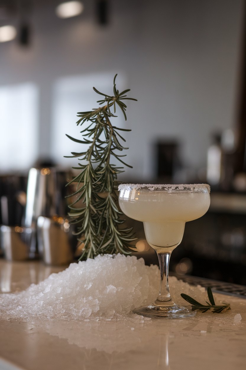 Indoor bar counter, coupe of pale icy margarita, crushed-ice “snow” piled high, rosemary sprig like mini tree; no text or logos.