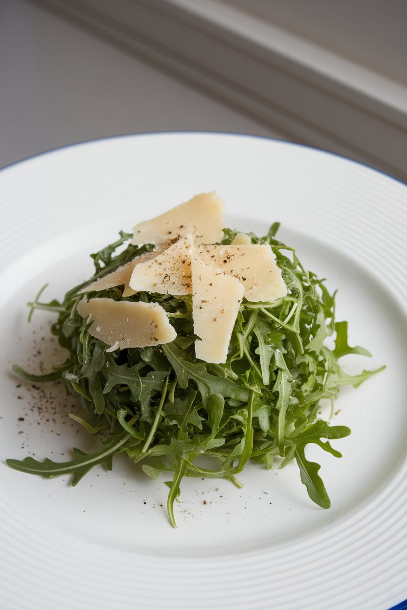 Indoor photo of a mound of arugula leaves topped with delicate Parmesan shards and cracked black pepper on a white plate. No text or logos; photo.
