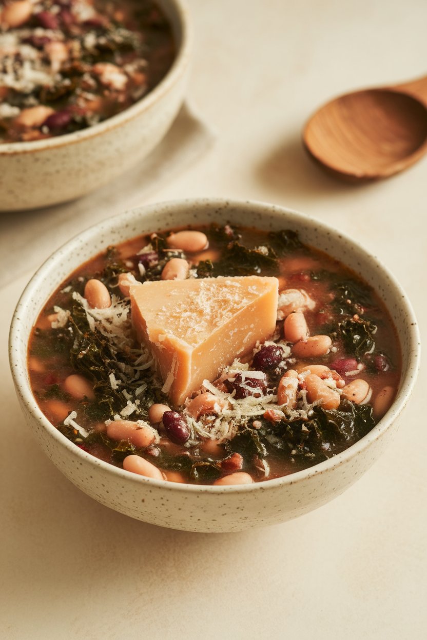 Indoor photo of mixed bean and kale soup with visible Parmesan rind chunk, garnished with grated cheese; no text or logos